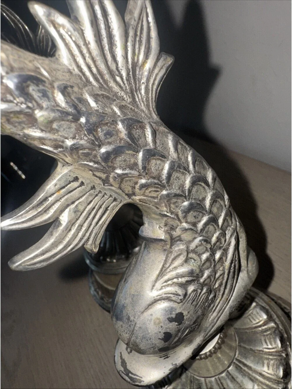 Hollywood Regency Style Silver Plated Dolphin Koi Fish Tall Candle Holders 16 in